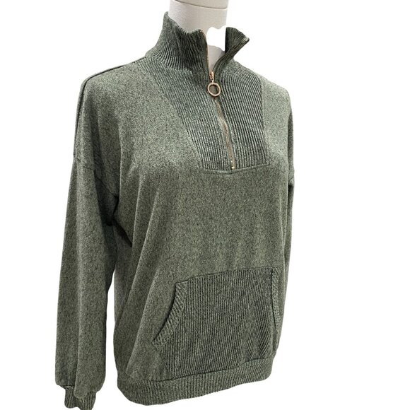 Cozy Olive Green Quarter Zip Pullover Sweater Soft Knit Minimalist Loungecore - Picture 6 of 9